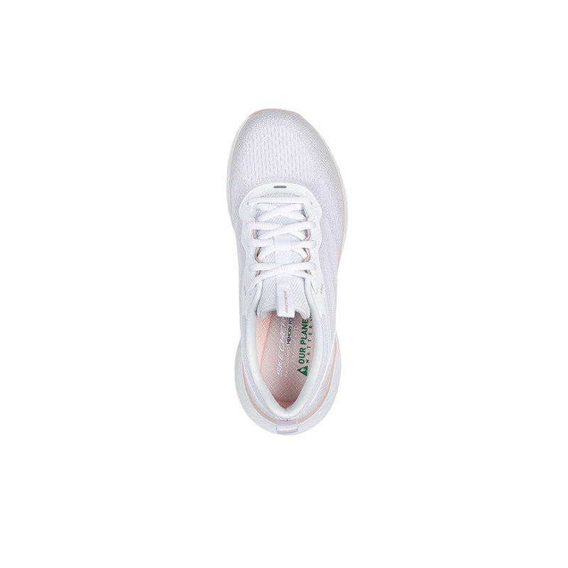 Women's white textile lace-up sneaker, front view with breathable mesh upper