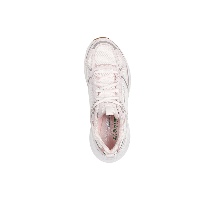 Women's lace-up sneaker profile view in pale pink with mesh upper and white midsole