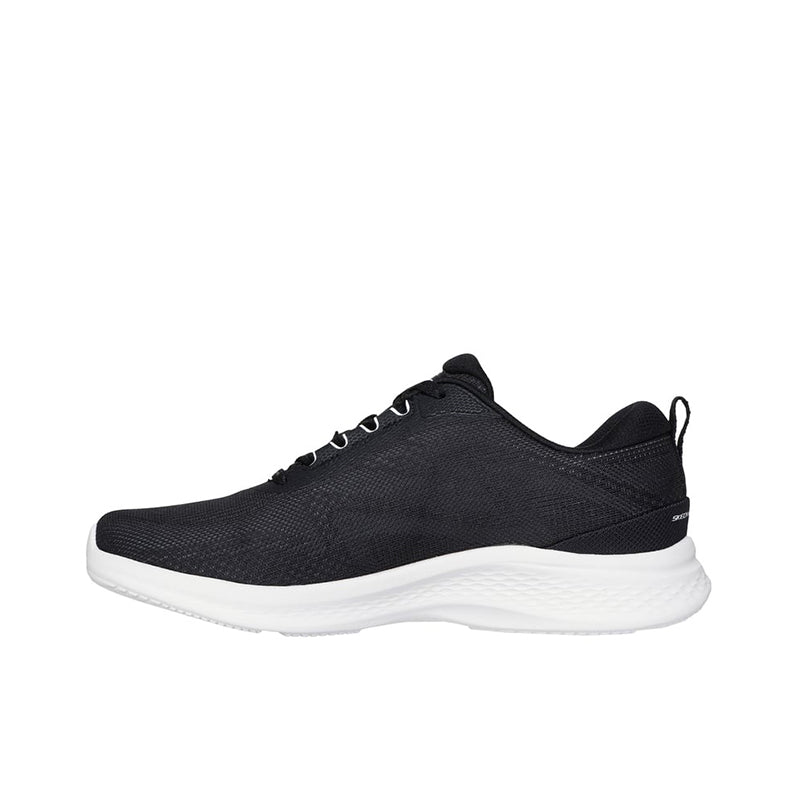 Lace-up knit sneaker, dark black upper with white midsole and side profile