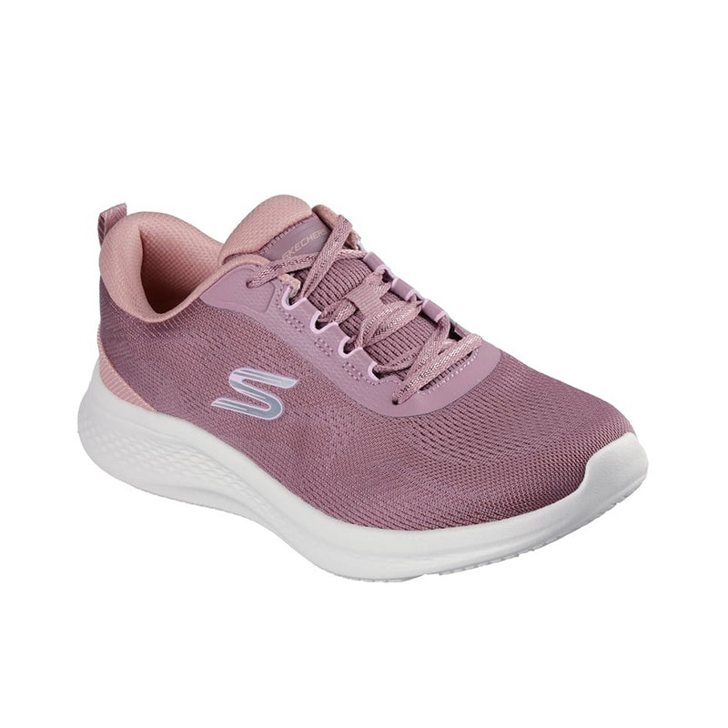 Lace-up knit sneakers, mauve/pink upper with white midsole and outsole
