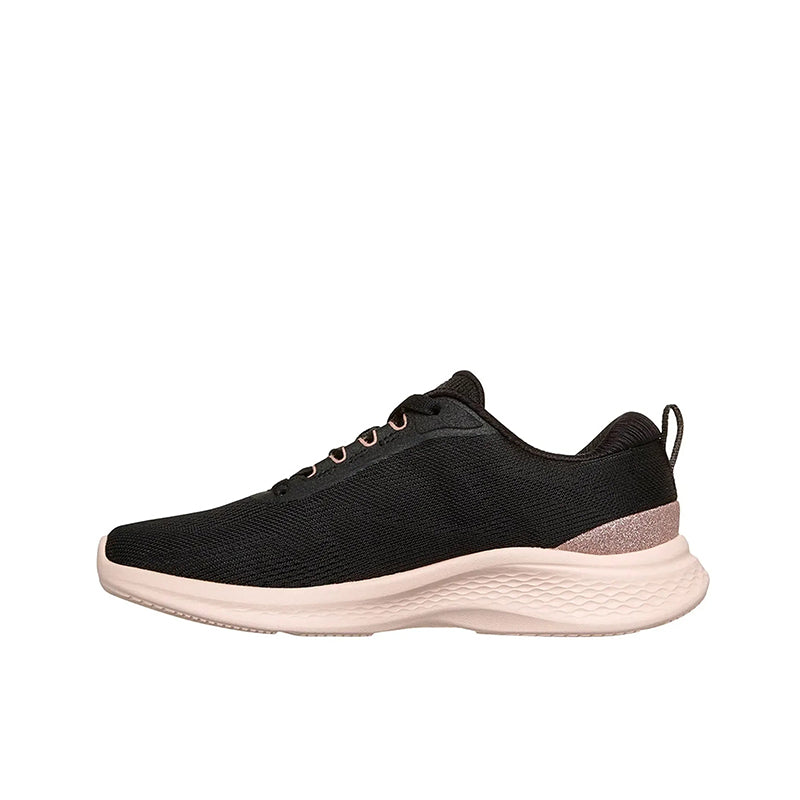 Women’s black lace-up sneakers with knit upper, light pink midsole, and S logo.