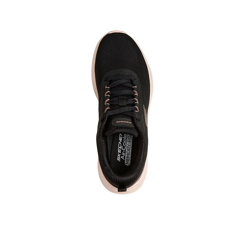 Women’s black sneaker heel and insole with printed Skechers branding.