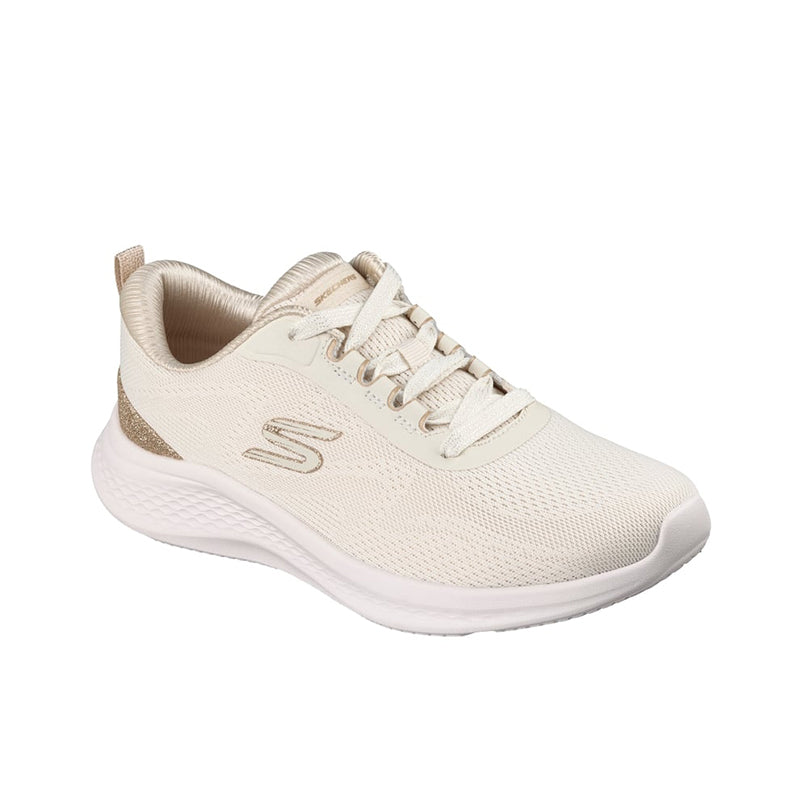 Women’s white lace-up knit sneakers with beige accent and cushioned white sole.