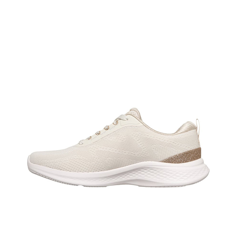 Women’s white lace-up sneakers with textured knit upper and cushioned midsole.