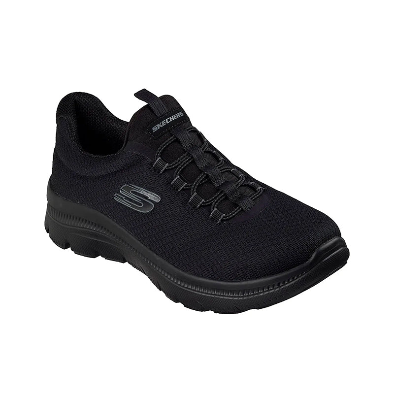 Black knit lace-up sneaker with S logo, cushioned sole, and textured outsole