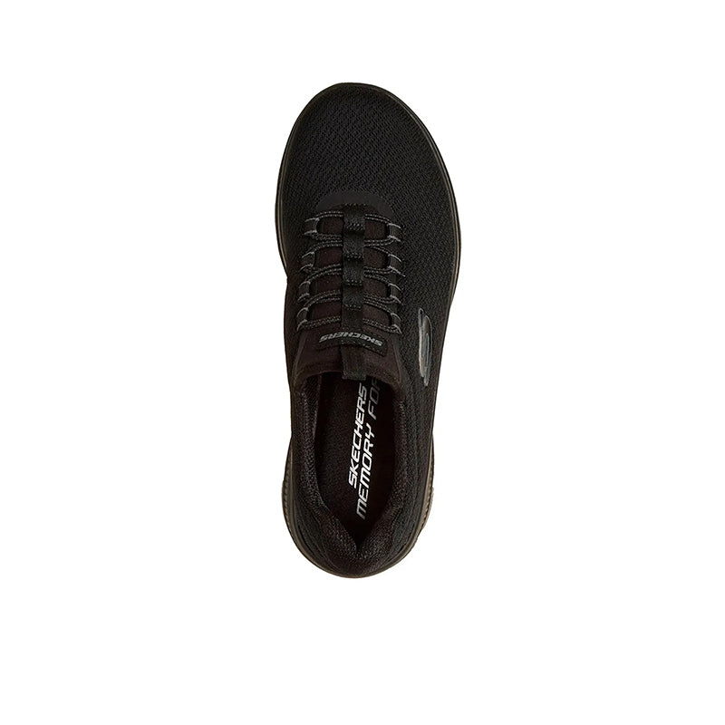 Black lace-up sneaker with Skechers branding on tongue and lace eyelets
