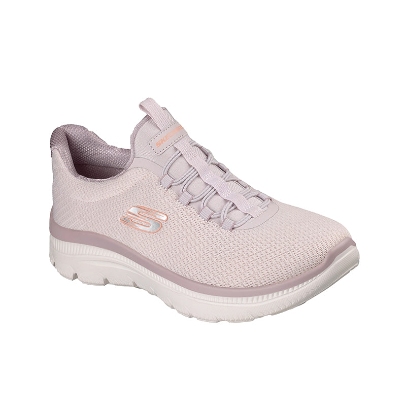 Light mauve knit lace-up sneaker with S logo, padded collar, and cushioned sole