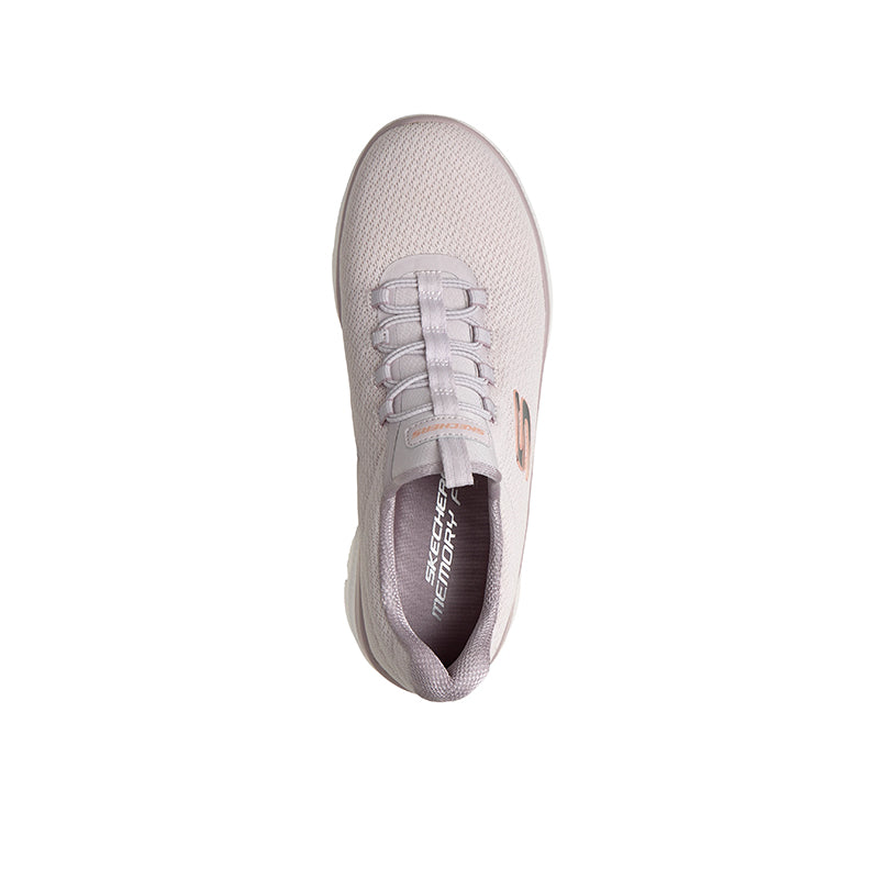 Light mauve lace-up sneaker with Skechers branding on tongue and lace eyelets