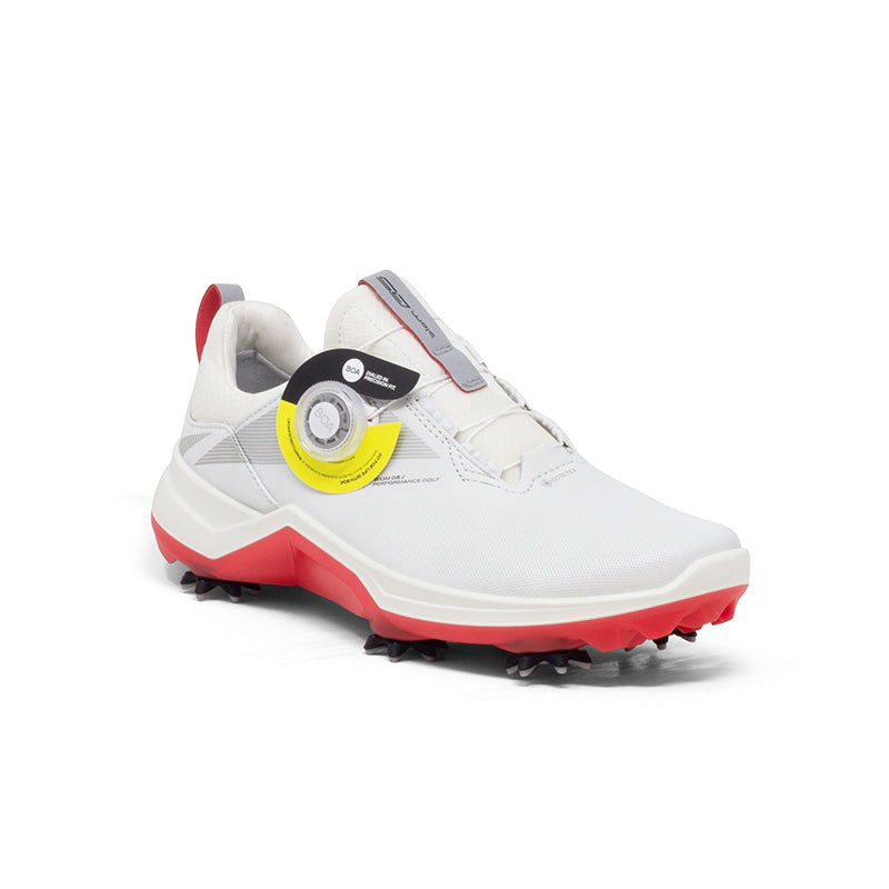 White golf spiked BOA leather shoe with red outsole trim and black traction studs