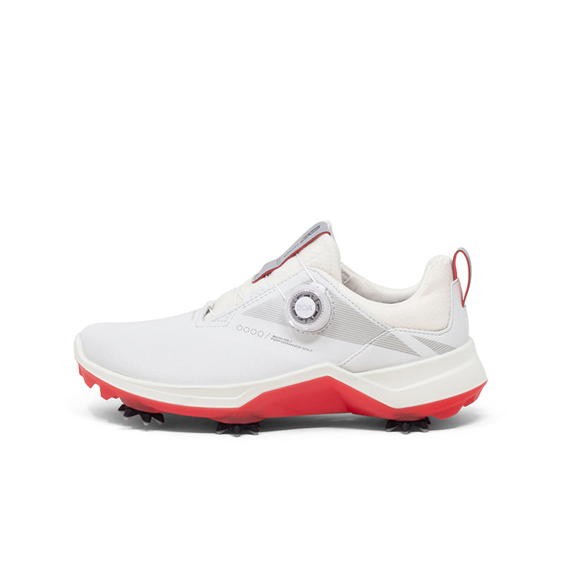 White womens golf spiked BOA leather shoe with red outsole and side panel detailing