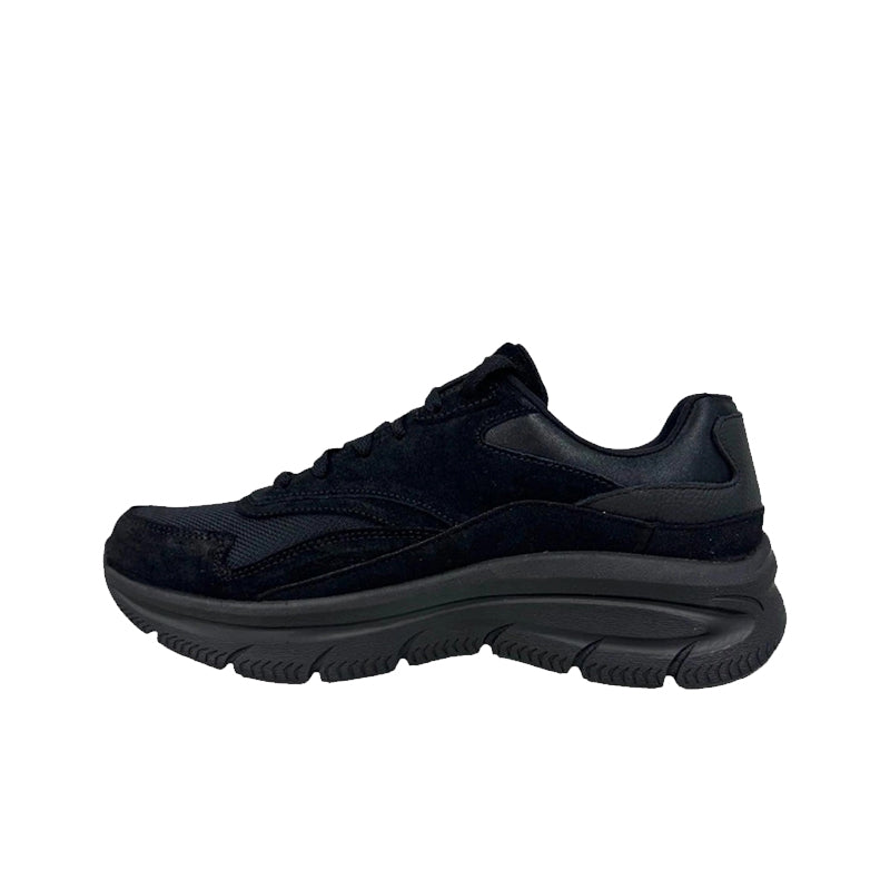Black women's lace-up sneaker with side panels and thick rubber sole