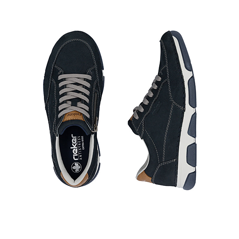 Men's sneakers pair: dark blue lace-up upper with thick cushioned sole