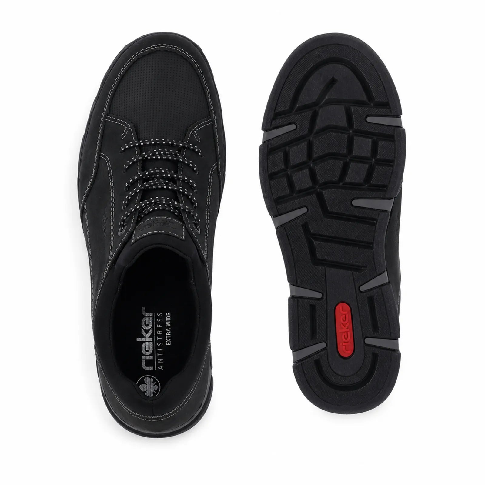 Rieker men's black slip on shoes side angle view showing stitchdown construction and flexible sole