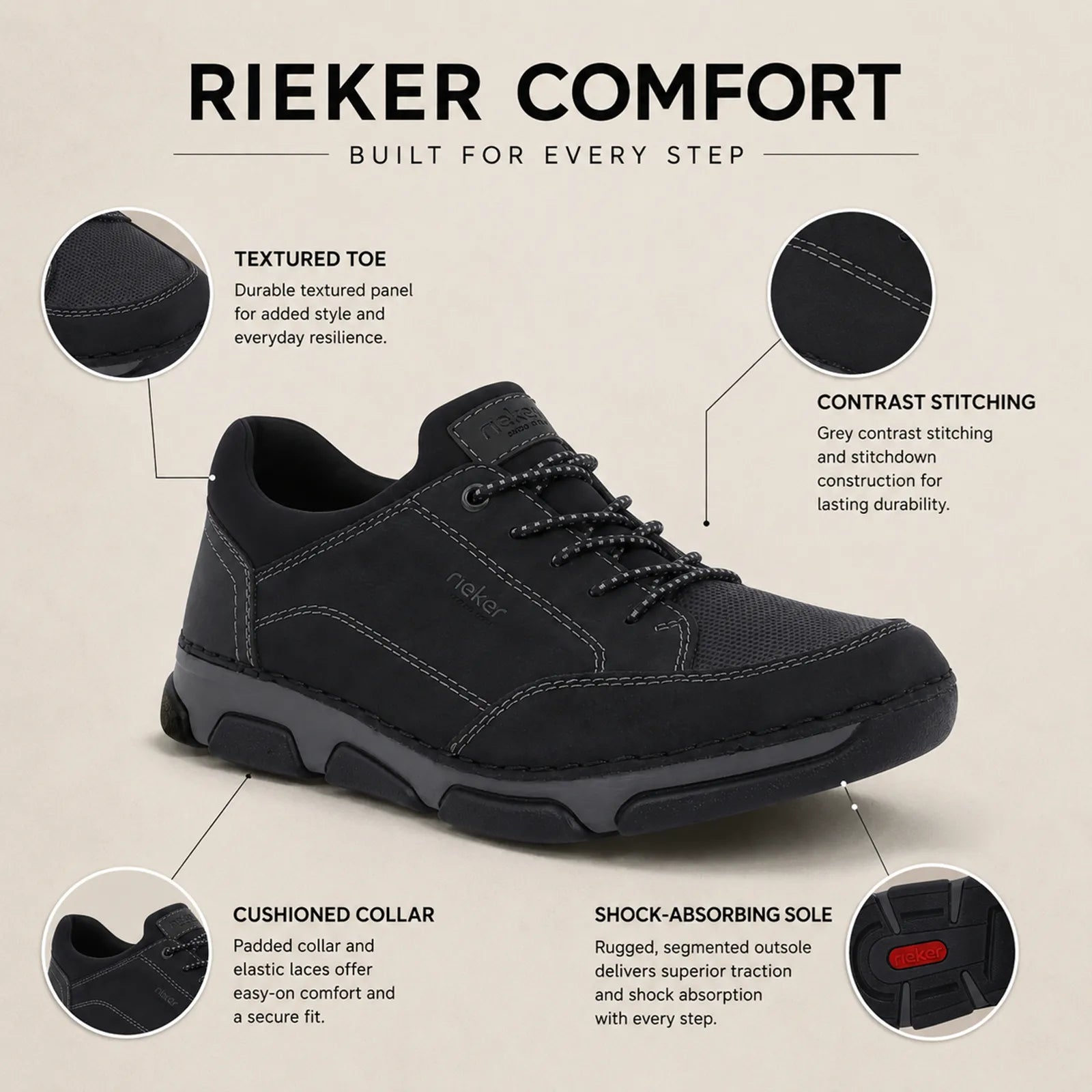 Rieker men's black slip on shoes close up detail showing synthetic upper, elasticated laces and outsole grip