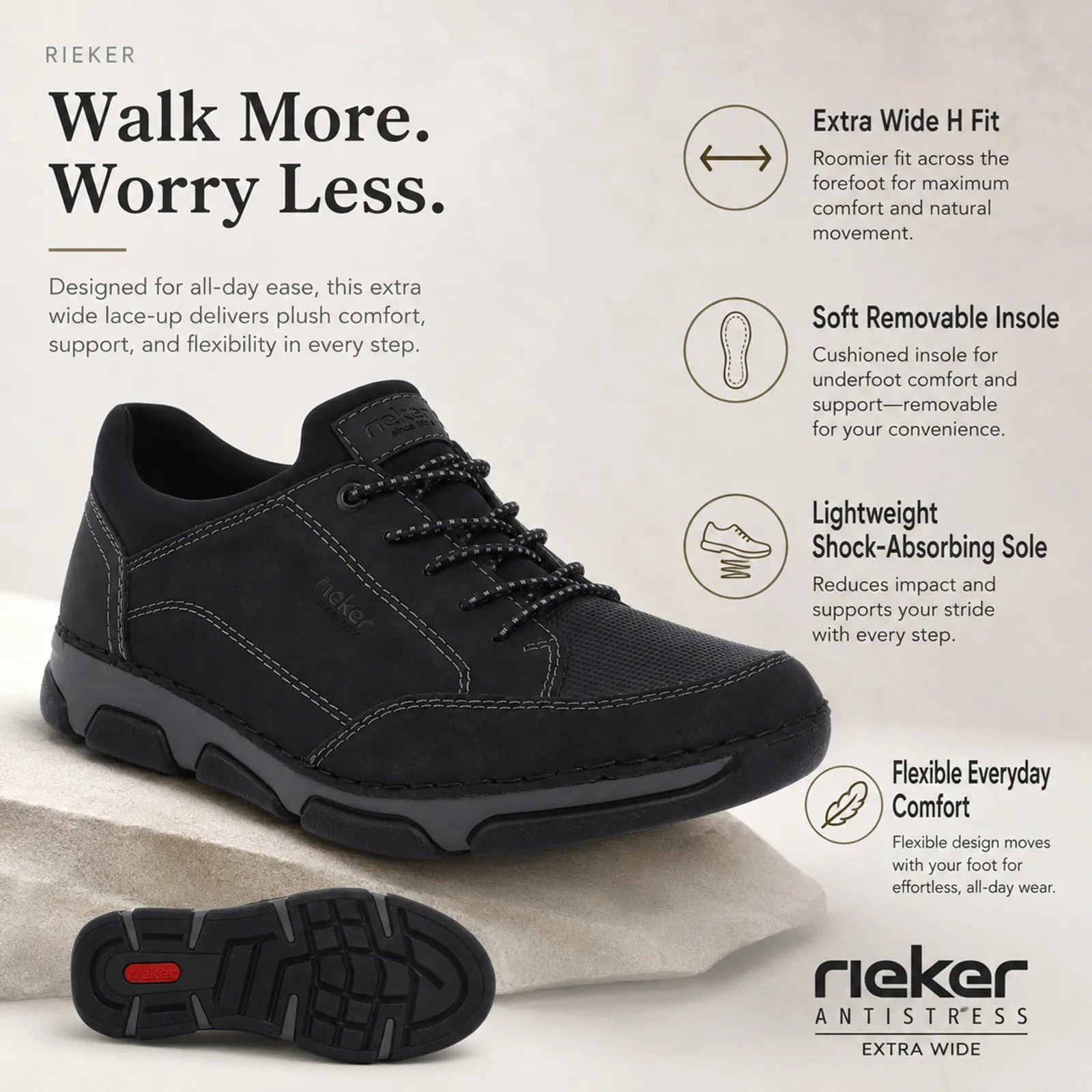 Rieker men's black slip on shoes showing removable insole, elasticated fastening and RIRICON sole features