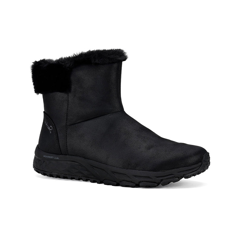 Black ankle boots with faux-fur collar and cushioned sole