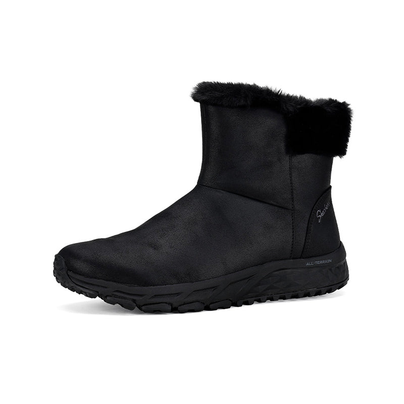 Black ankle boots, side view with faux-fur cuff and textured sole