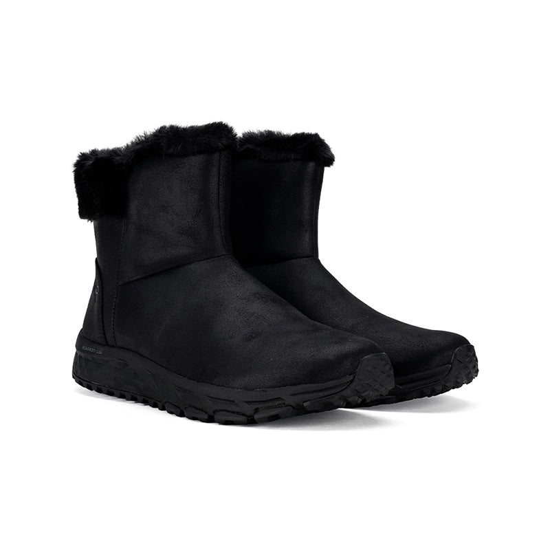 Black ankle boots with faux-fur trim and rugged outsole