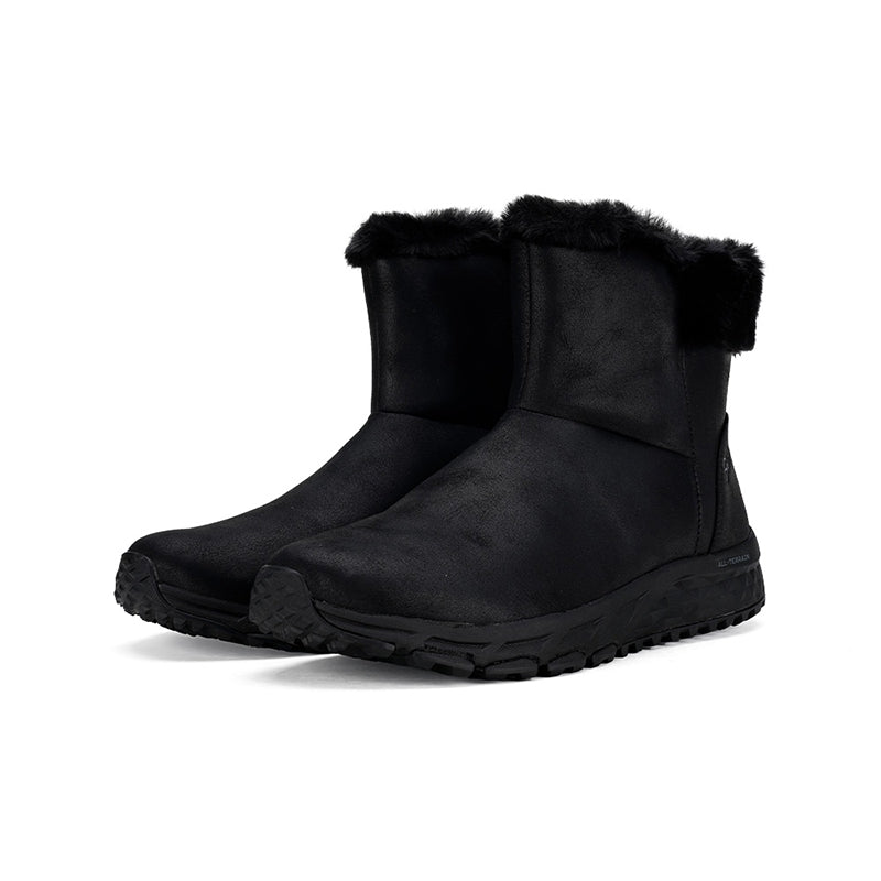 Black ankle boots with faux-fur collar and pull-on design