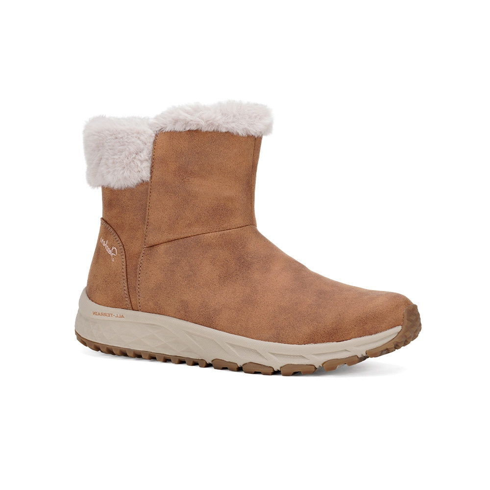 Chestnut suede boots with white faux-fur cuff and cushioned sole