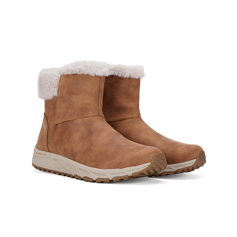 Chestnut suede boots with white faux-fur cuff and slip-on construction