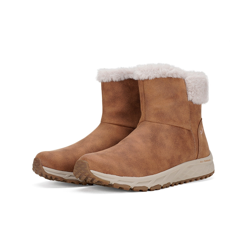 Chestnut suede ankle boots with faux-fur collar and chunky tread sole