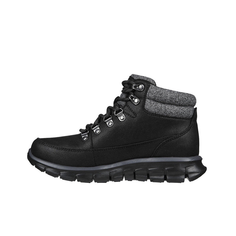 Women's black lace-up ankle boots with gray cuff and grippy rubber sole