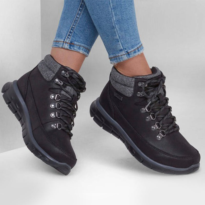 Women's black ankle boots with laces and cushioned sock collar