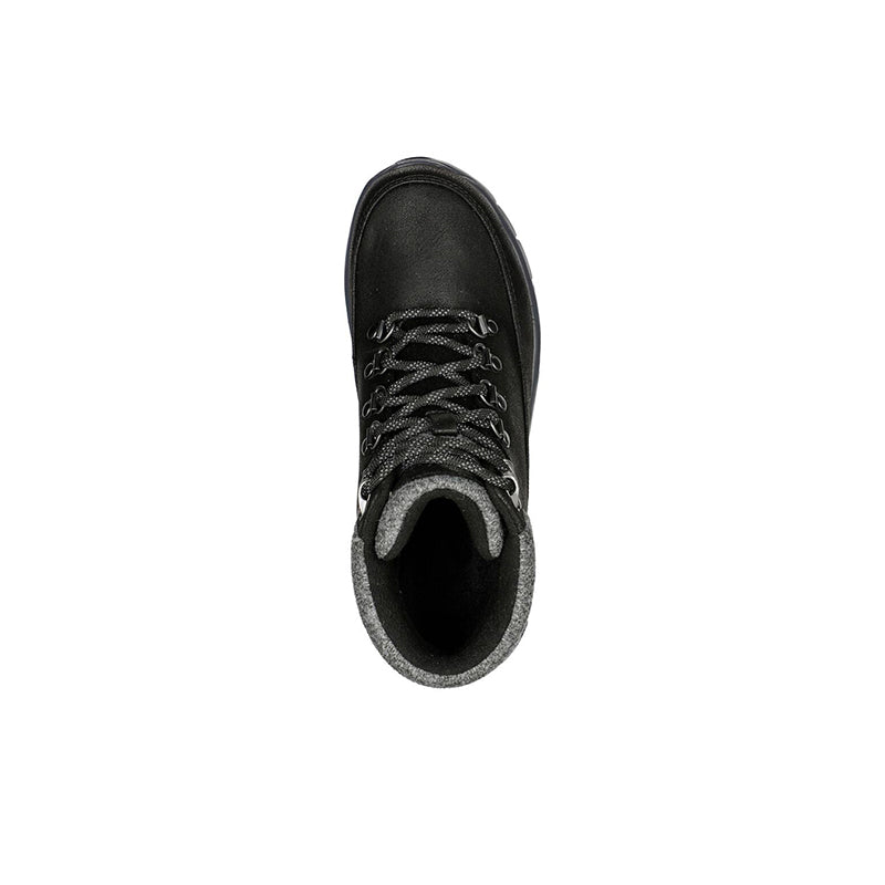 Women's black ankle boot with dark lining and lace-up front
