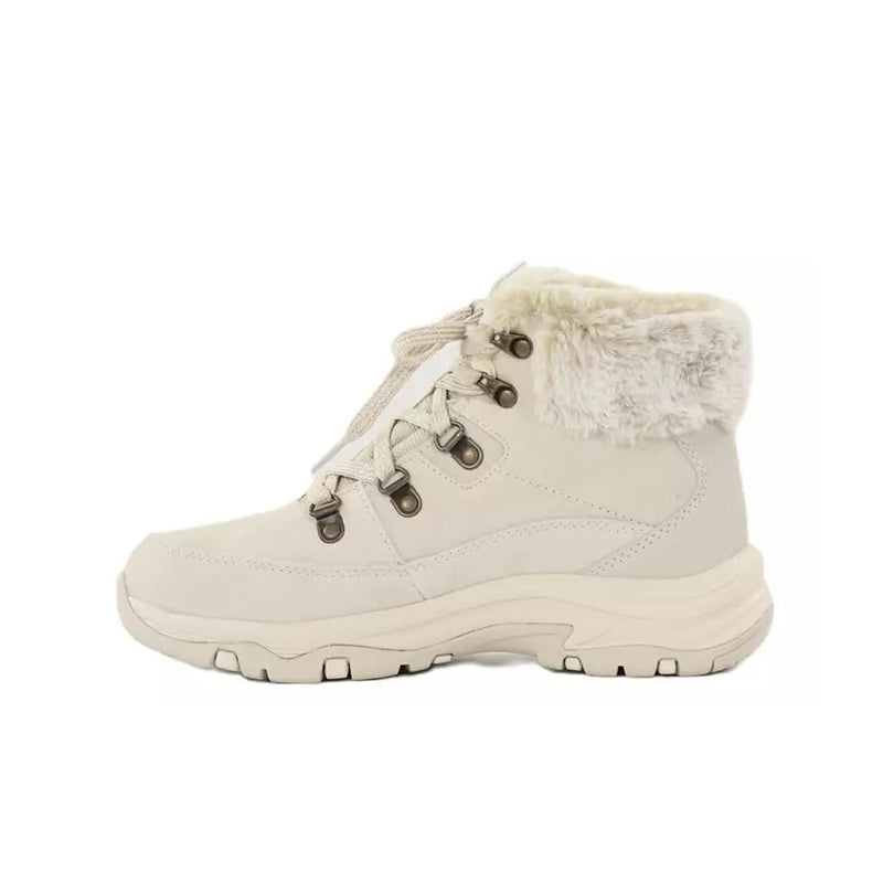 Beige women's ankle boots with faux-fur trim, lace-up closure, thick tread sole