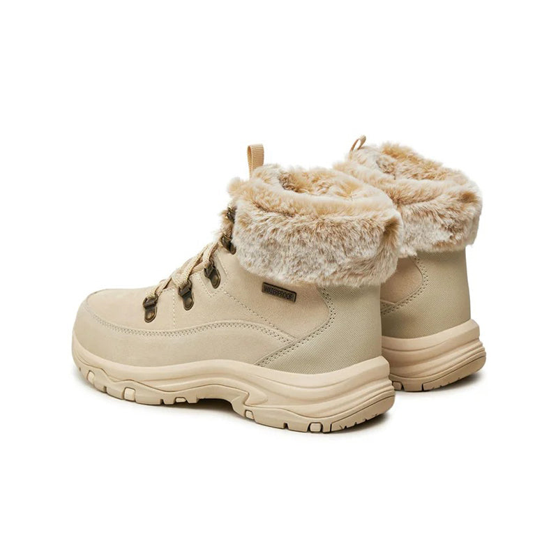 Beige women's ankle boots with faux-fur cuff and lace-up front, chunky heel