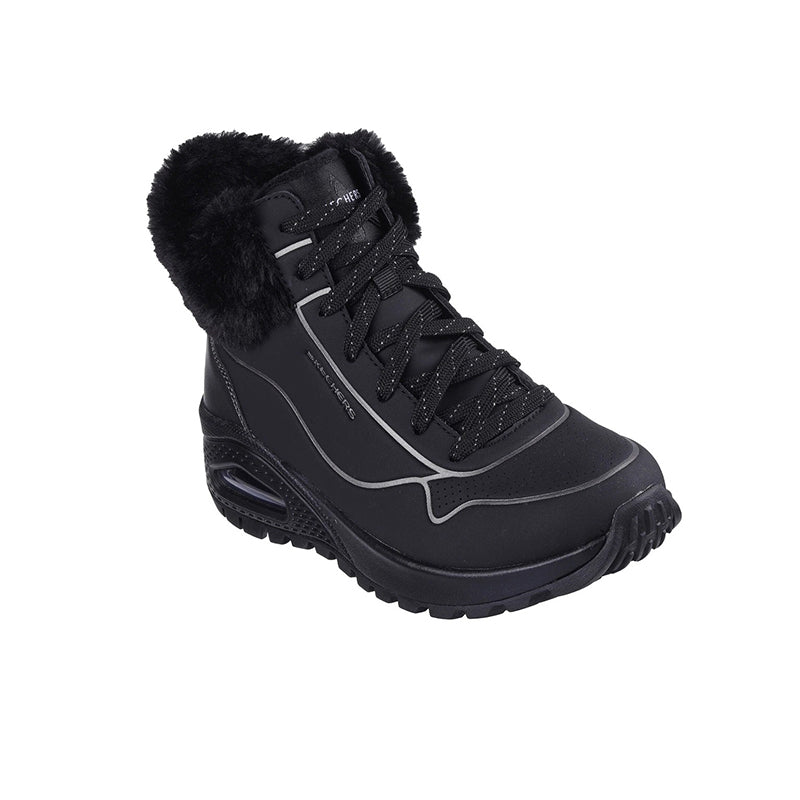 Black lace-up ankle boots with faux-fur trim and rugged tread sole