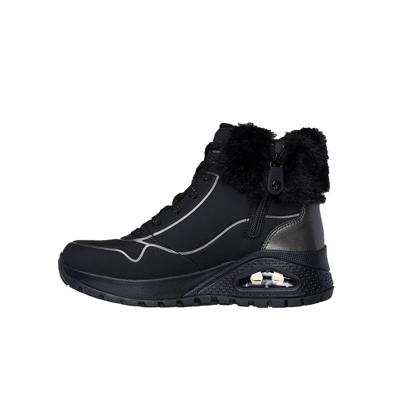 Black lace-up ankle boots with faux-fur cuff and grippy rubber sole