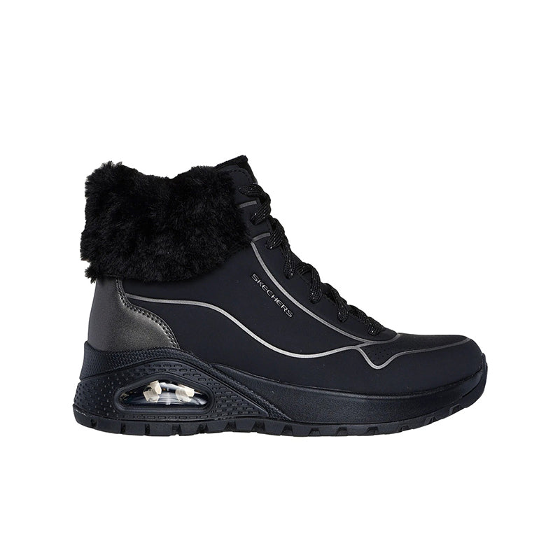 Black high-top ankle boots with faux-fur cuff, lace-up front, and tread sole