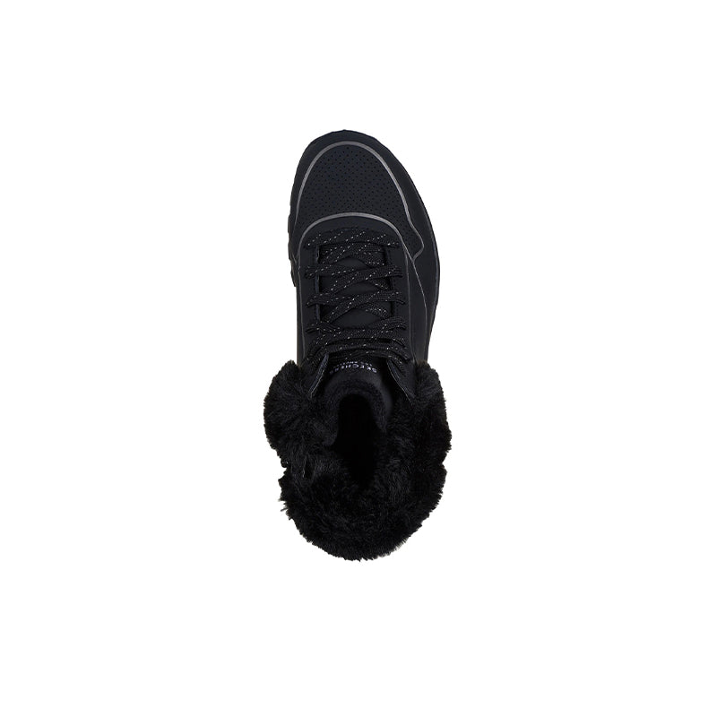 Black lace-up ankle boot with faux-fur collar and padded top opening