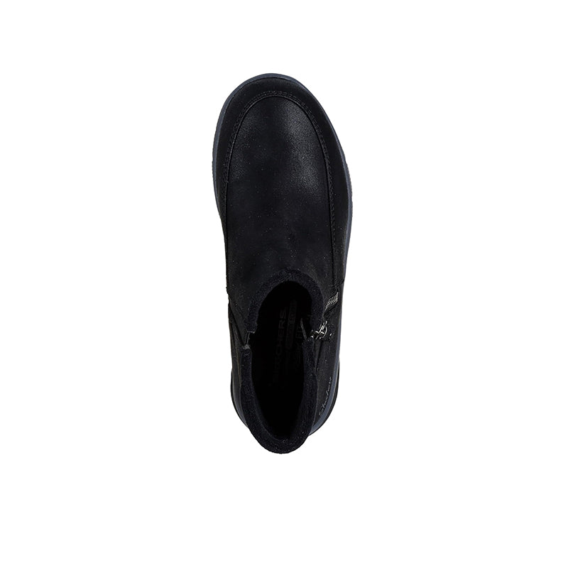 Women’s black suede ankle boot with side zipper and dark fabric lining