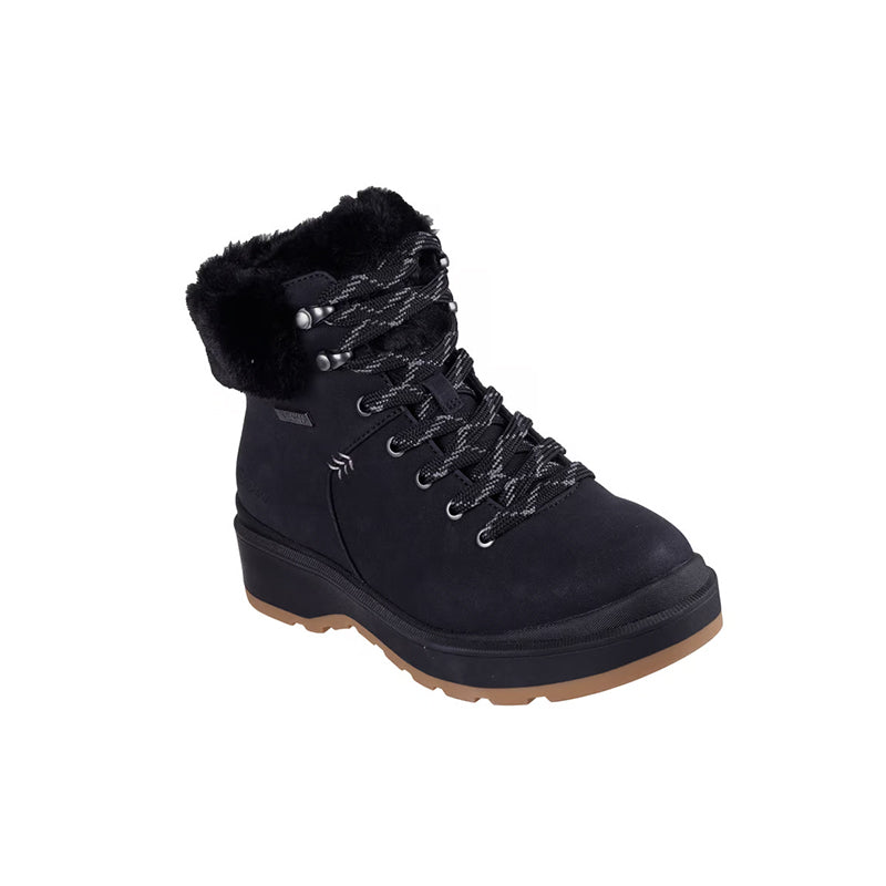 Black ankle lace-up boots with faux fur collar and waterproof leather upper