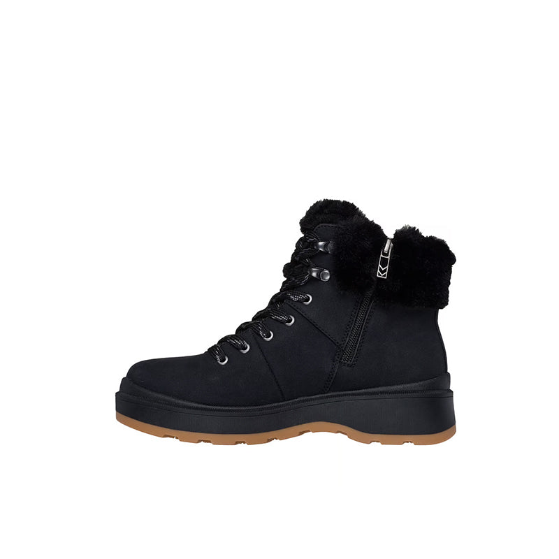Black ankle boots with side zipper, lace-up front, and faux fur trim