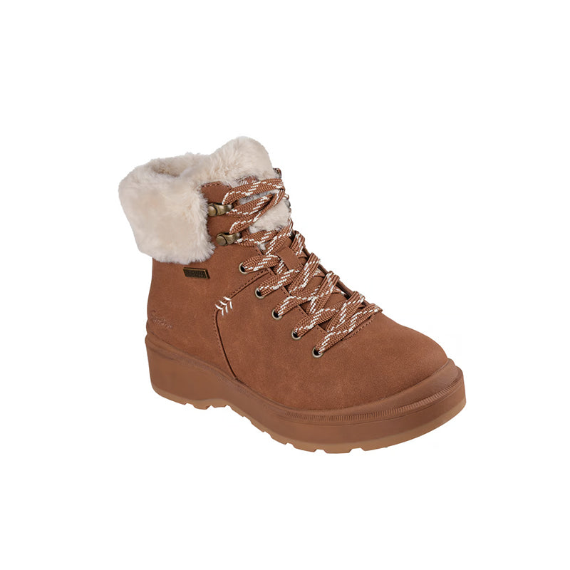 Brown ankle lace-up boots with faux fur cuff and waterproof leather upper
