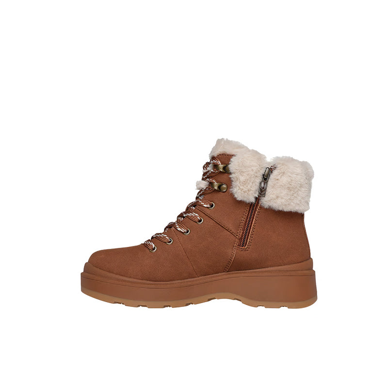Brown ankle boots with side zipper, lace-up front, and faux fur cuff