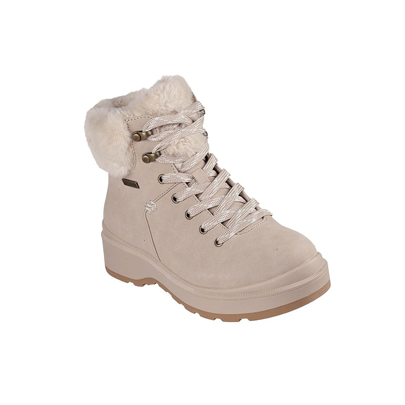 Beige ankle lace-up boots with faux fur collar and waterproof leather upper
