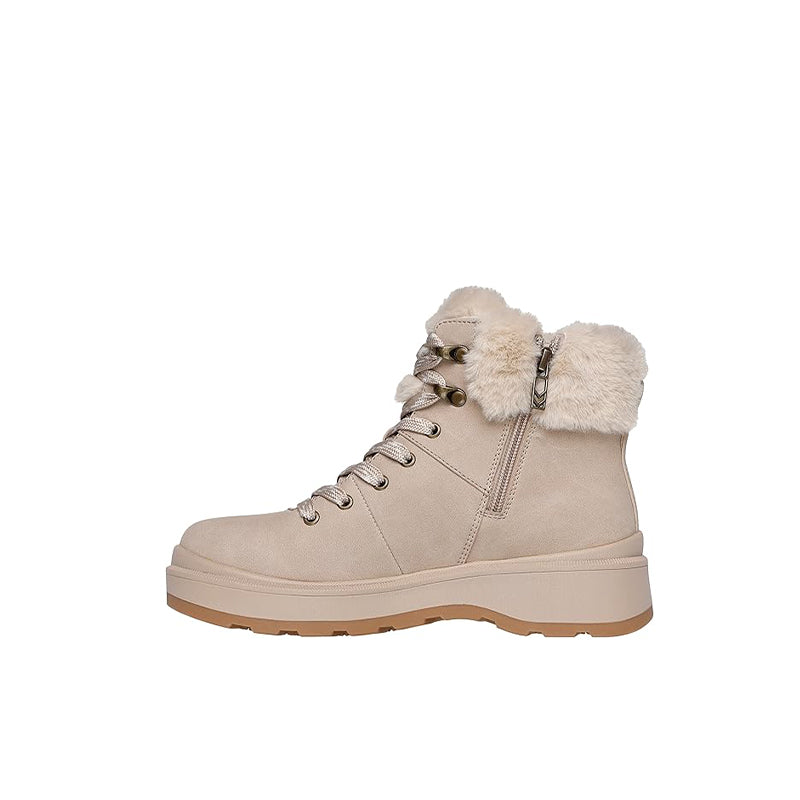 Beige ankle boots with side zipper, lace-up front, and faux fur trim