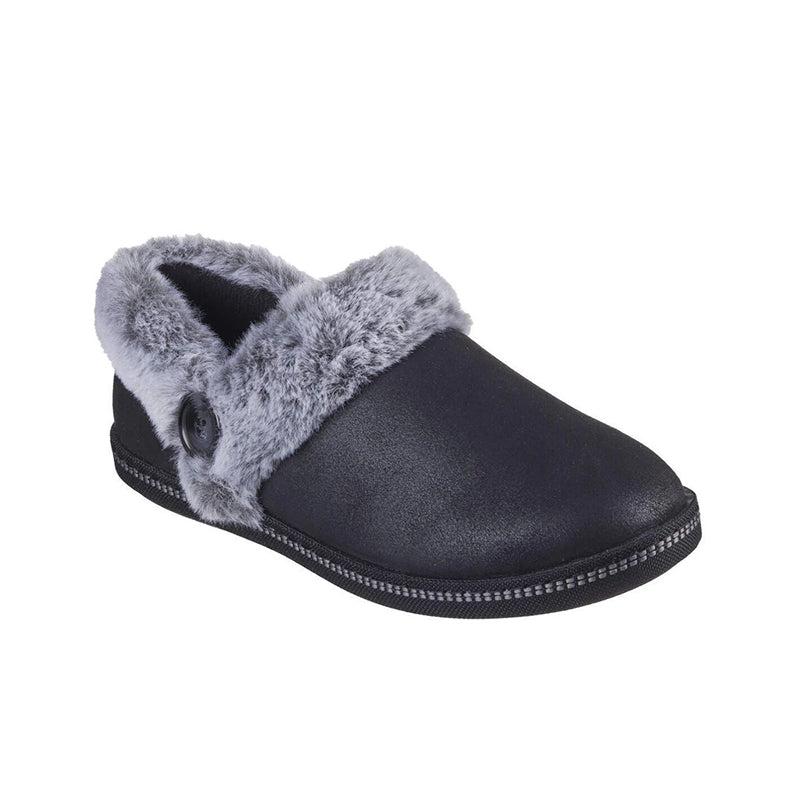 Women's black leather slippers with gray faux-fur lining and cuff strap