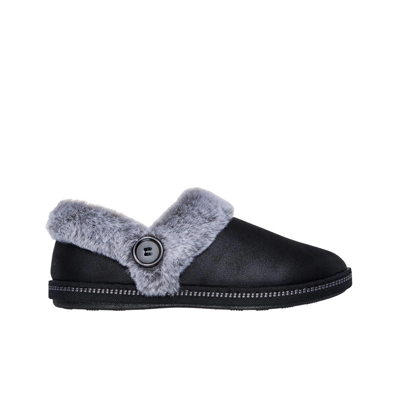 Women's black leather slippers with gray faux-fur strap and round button
