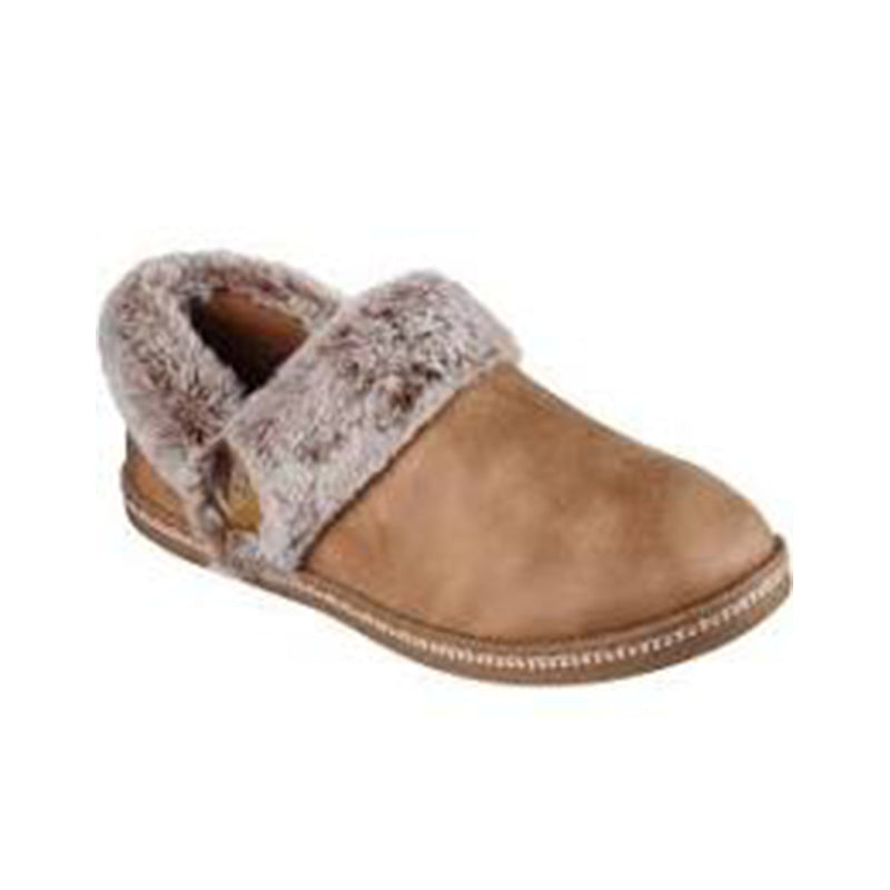 Women's chestnut leather slippers with light gray faux-fur lining