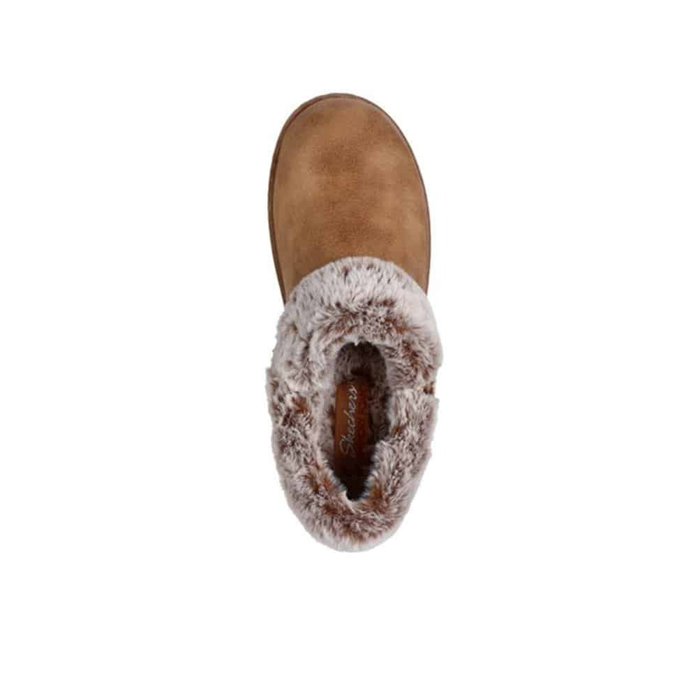 Women's chestnut leather slipper with gray faux-fur cuff and heel opening