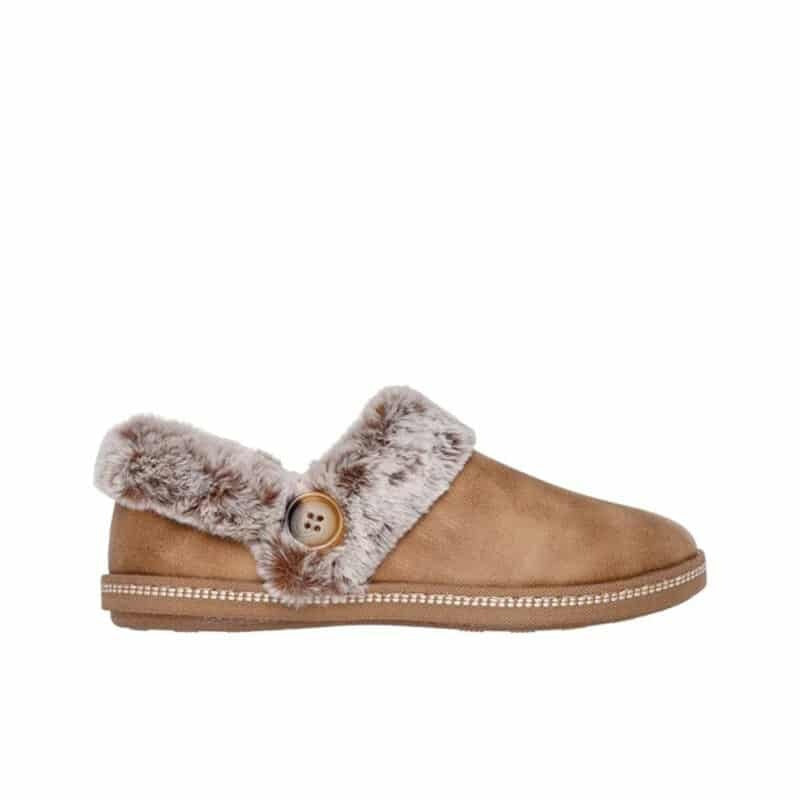 Women's chestnut leather slippers with gray faux-fur strap and tan button