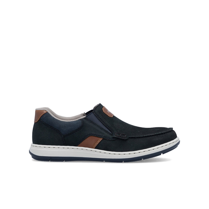 Men's dark blue slip-on sneakers with tan panels and white rubber sole