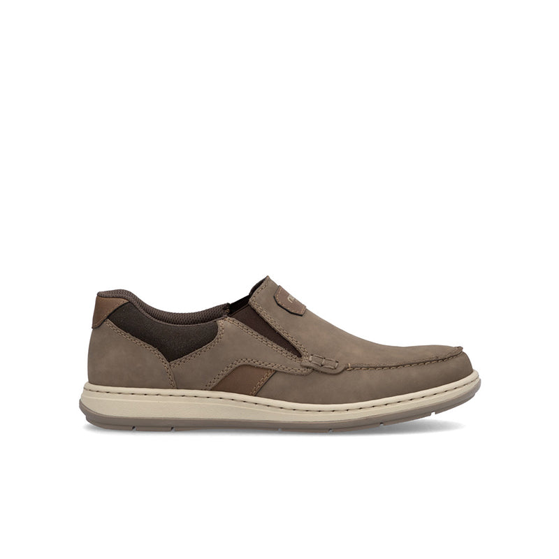 Men's taupe slip-on sneakers with dark brown accents and white rubber sole