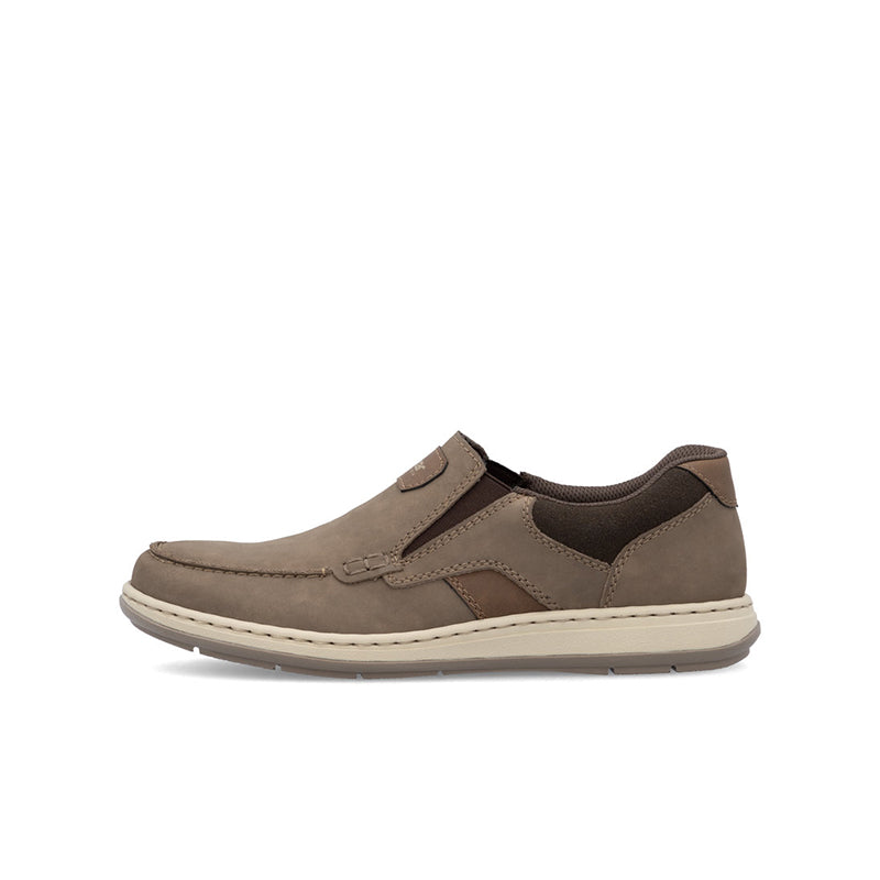 Men's taupe slip-on sneakers with brown panels and white sole, side profile